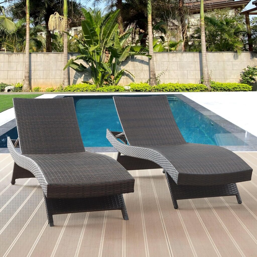 79 Long Reclining Chair Set of 2, Chaise Longue Wicker Reclining Lounge Chair, PE Rattan Chaise Lawn Sunbathing Chairs Beach Poolside Garden Backyard Backrest Recliners, Brown