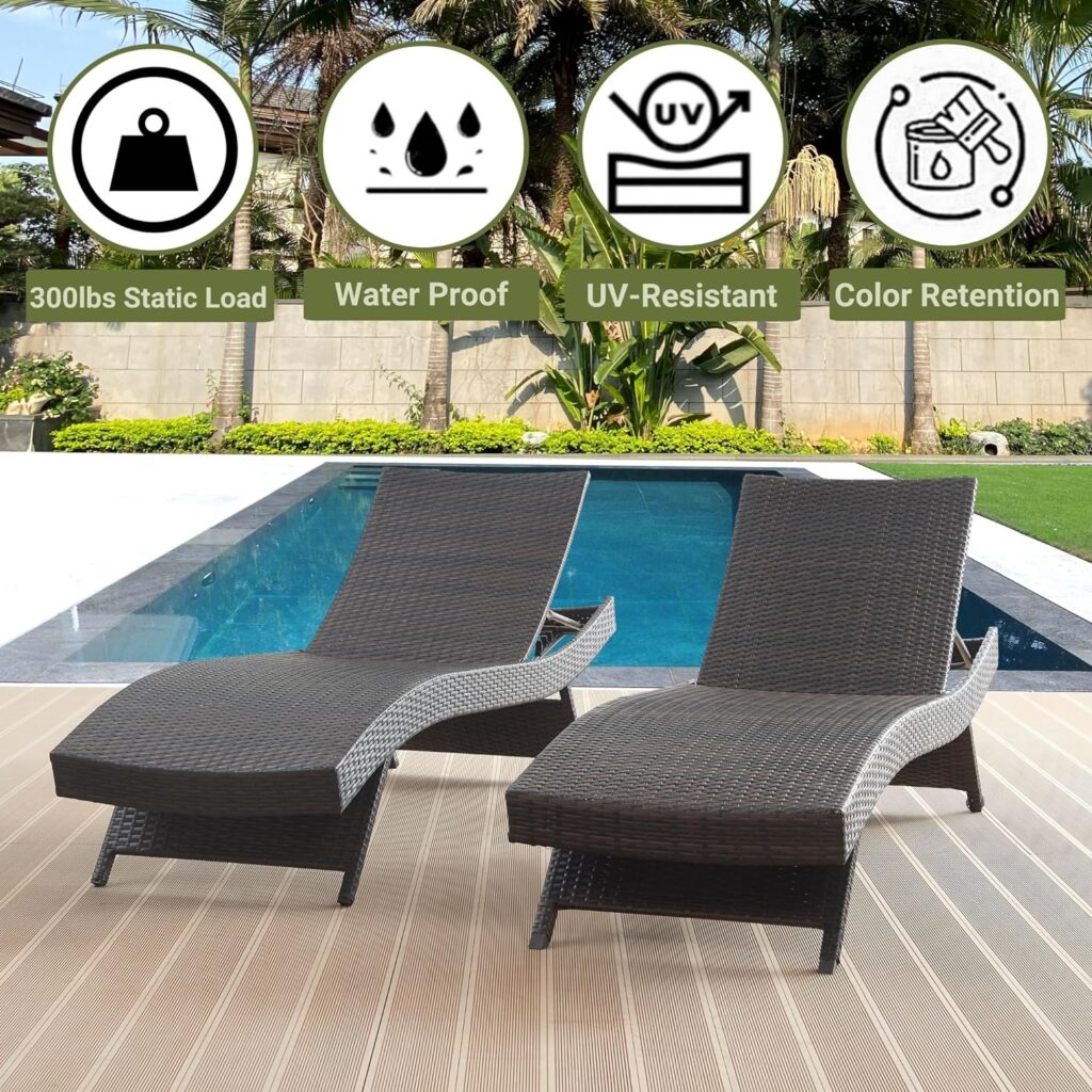 79 Long Reclining Chair Set of 2, Chaise Longue Wicker Reclining Lounge Chair, PE Rattan Chaise Lawn Sunbathing Chairs Beach Poolside Garden Backyard Backrest Recliners, Brown