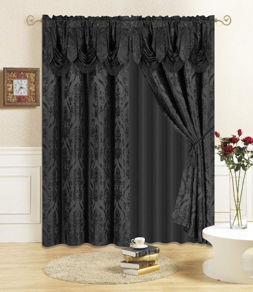 All American Collection New 4 Piece Drape Set with Attached Valance and Sheer with 2 Tie Backs Included (63 Length, Black)