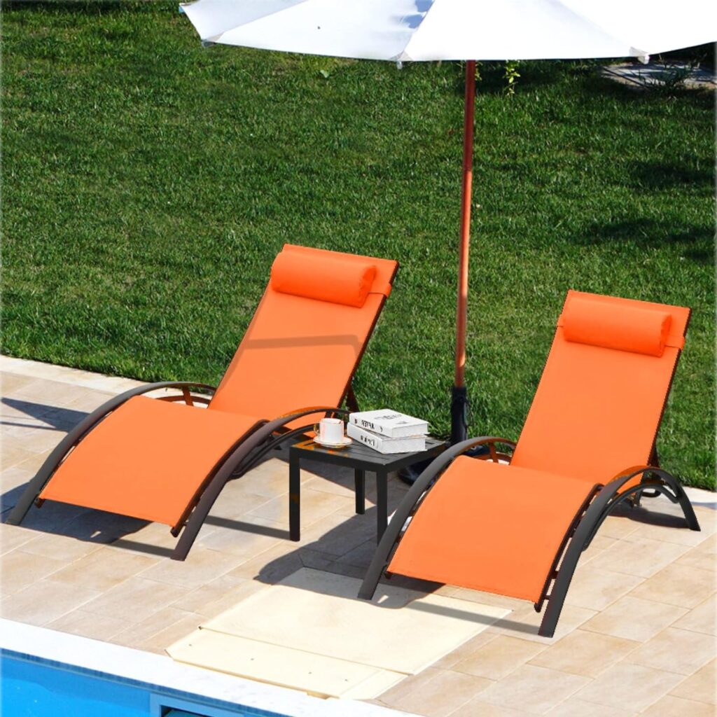 AthLike 3 pcs Poolchairs Patio Chaise Lounge Set with Headrest, 5-Level Adjustable Sunbathing Tanning Poolside Recliner Chairs with Side Table for Outdoor Beach (Black, 2 Chairs and 1 Table)