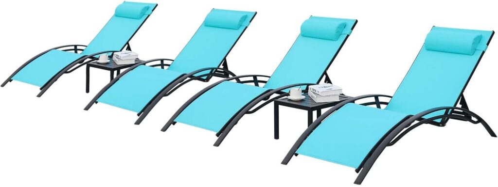 AthLike 3 pcs Poolchairs Patio Chaise Lounge Set with Headrest, 5-Level Adjustable Sunbathing Tanning Poolside Recliner Chairs with Side Table for Outdoor Beach (Black, 2 Chairs and 1 Table)