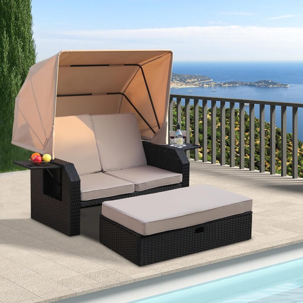 B Outdoor Wicker Loveseat - Patio Furniture Set with Retractable Canopy, Adjustable Back, Side Table, Ottoman, Cushion - PE Rattan Sofa Set for Garden Poolside Backyard Lawn Porch