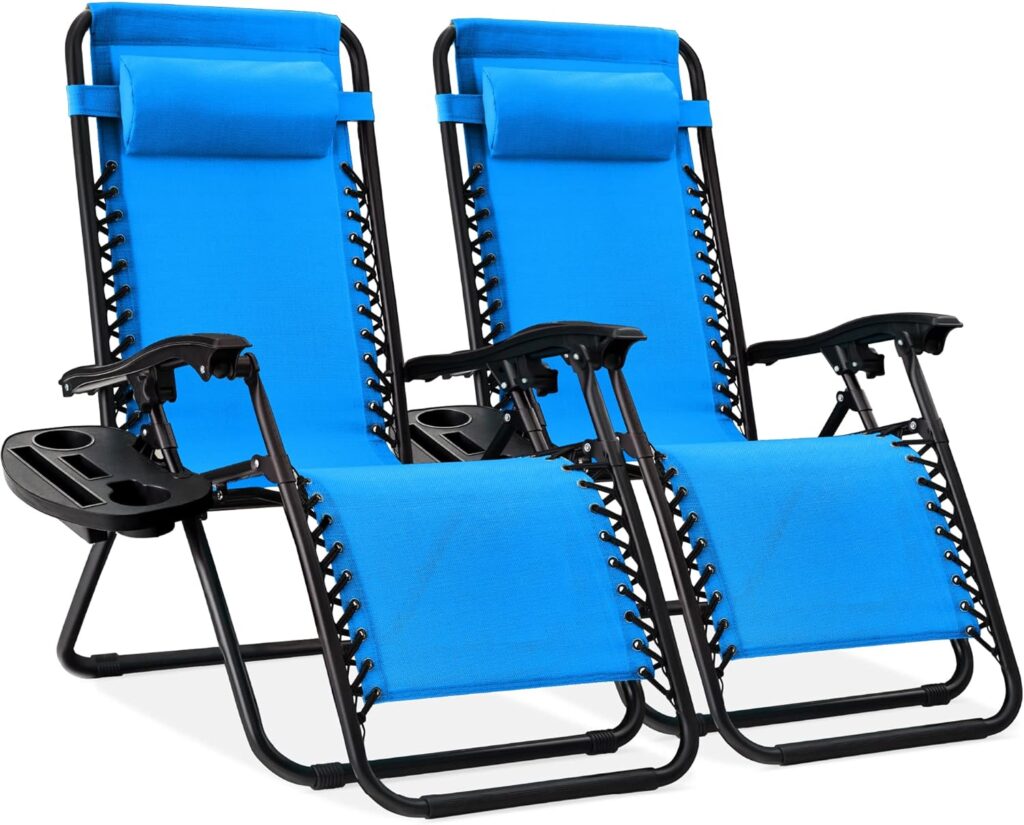 Best Choice Products Set of 2 Adjustable Steel Mesh Zero Gravity Lounge Chair Recliners w/Pillows and Cup Holder Trays, Light Blue