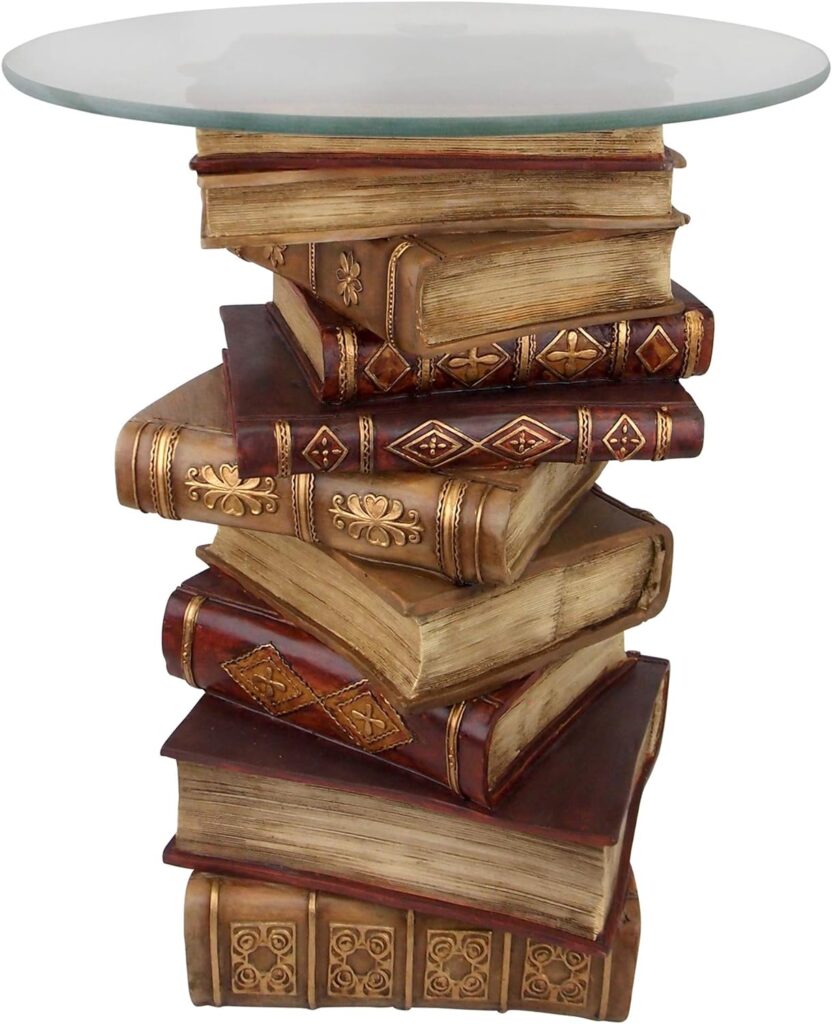 Design Toscano NG32069 Power of Books Vintage Decor Stacked Books End Table with Glass Top, 21 Inch Tall, Handcast Polyresin, Full Color