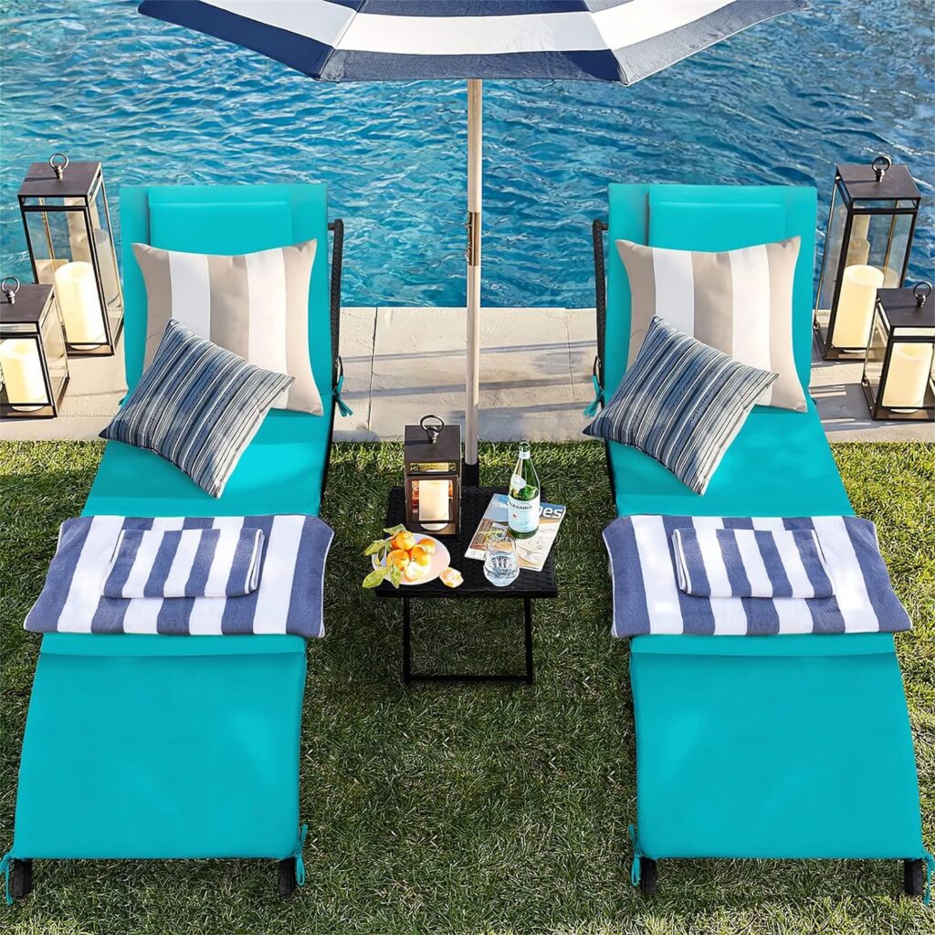 GUNJI Lounge Chairs for Outside 3 Pieces Patio Adjustable Chaise Lounge Outdoor Wicker Lounge Chairs Set of 2 with Table Folding Chaise Lounger for Poolside, Deck, Lawn (Blue)