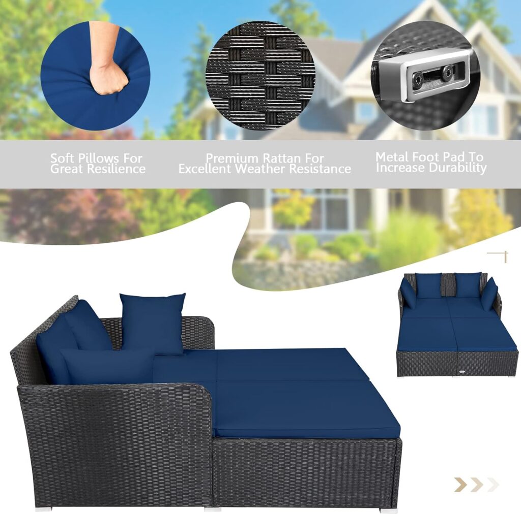 HAPPYGRILL Outdoor Rattan Daybed Patio Loveseat Sofa Set with Padded Cushion Pillows and Sturdy Aluminum Foot Wicker Patio Furniture for Garden Porch Poolside