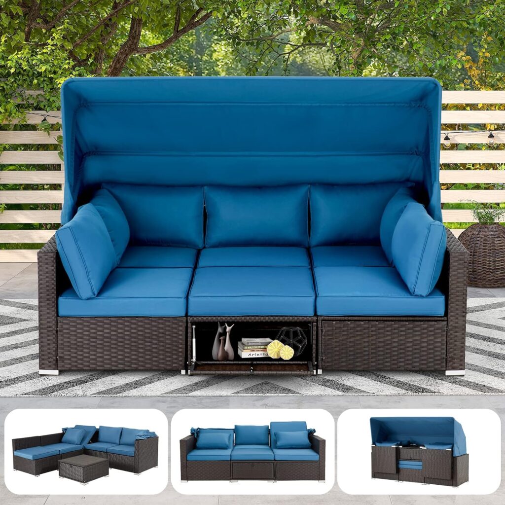 HOMREST 6 Pieces Patio Furniture Sets, Rattan Daybed with Retractable Canopy, Outdoor Sectional Sofa Set with Adjustable Backrest, Chaise Chair Sunbed for Garden Poolside Backyard (Blue)