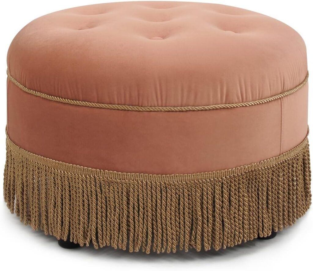 Jennifer Taylor Home Yolanda Upholstered Round Accent Ottoman, Peach Orange Velvet with Gold Trim