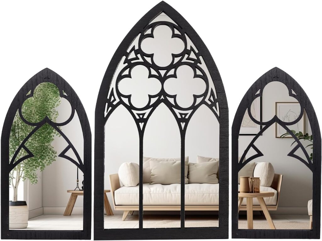 Large Gothic Mirrors Wall Decor - 3 Piece Set 15.8 Inch Gothic Furniture Cathedral Mirrors - Whimsy Goth Valentines Home Decor for Dining Room, Living Room and Entryway - Witchy Gifts for Women