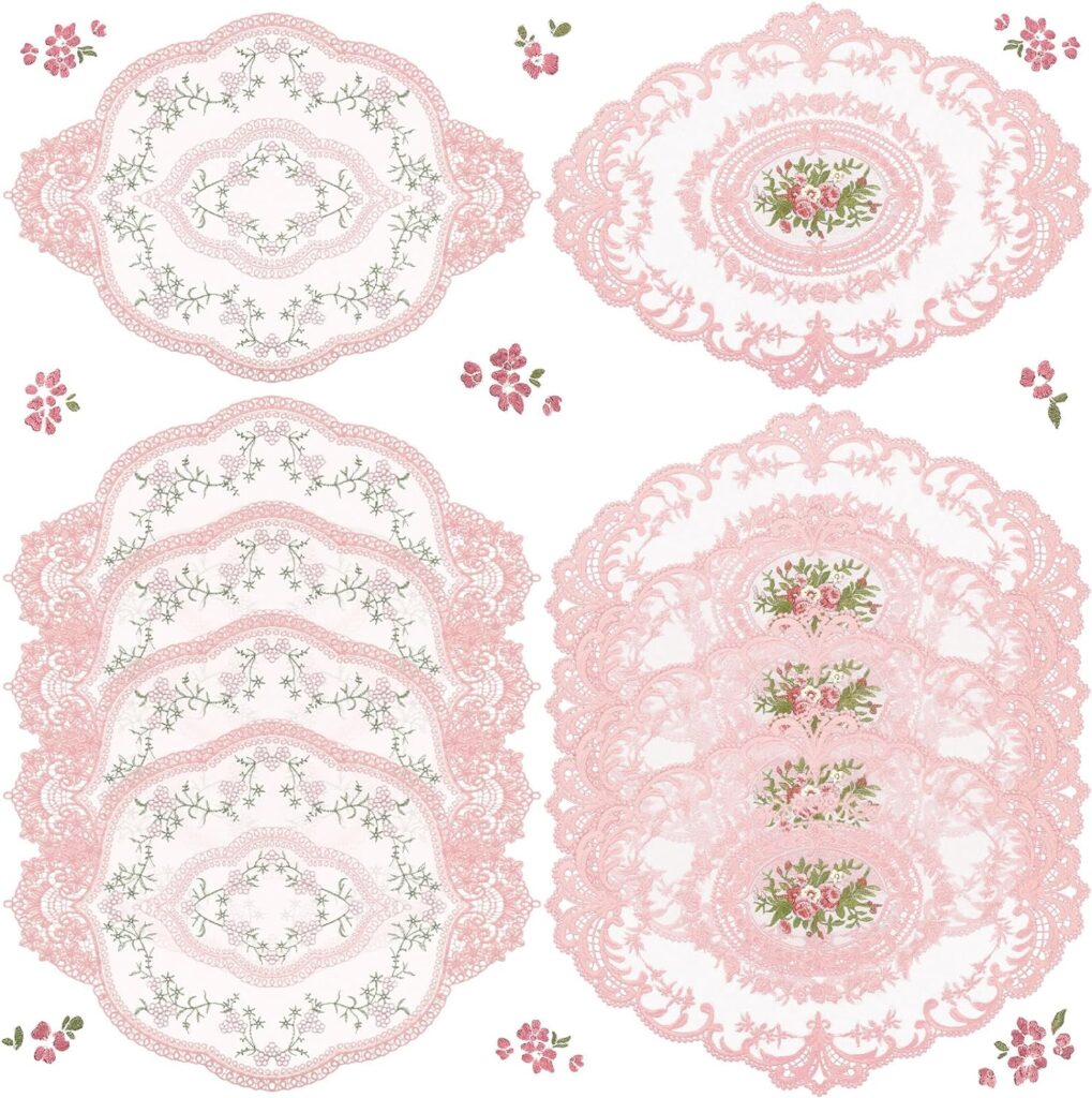 Mixweer 10 Pcs Lace Doilies for Tables Embroidered Lace Placemats Vintage Crochet Doilies 12 x 16 Exquisite Retro Victorian Table Mat for Wedding Cup Vase Table Decor(Pink)