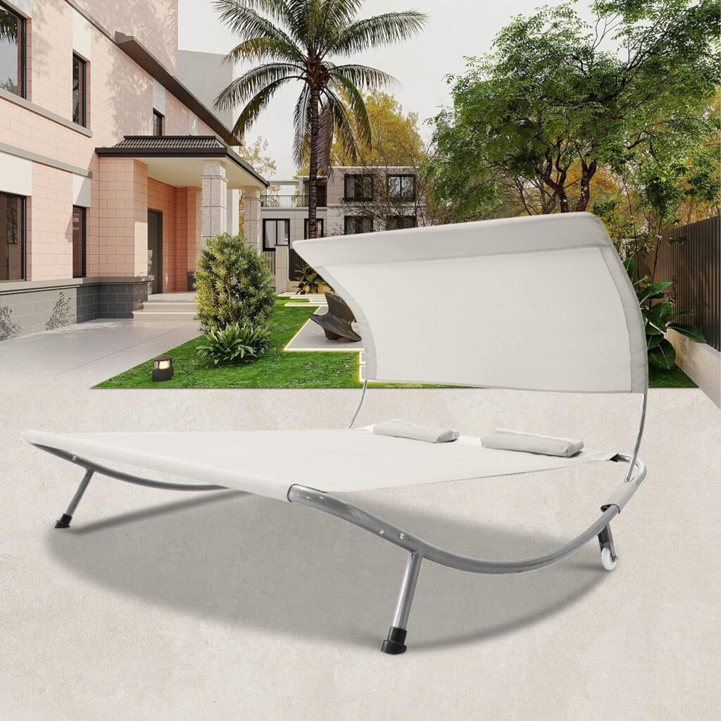 Outdoor Double Chaise Lounge Bed with Canopy  Headrest Pillow, Patio Portable Leisure Daybed Lounge with Portable Wheels for Deck, Indoor, Yard, Poolside, Sun Room (Grey)