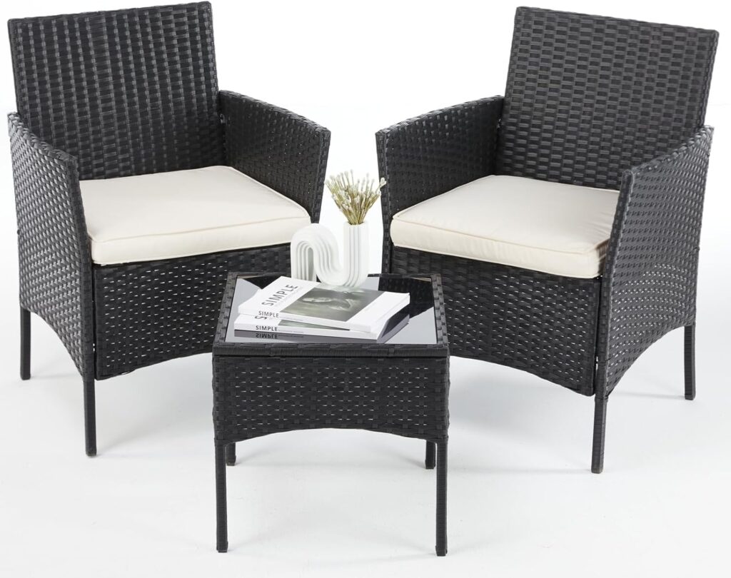 Outdoor Patio Furniture Set, 4 Piece Outdoor Rattan Chair Garden PE Wicker Sofa Couch Conversation Set Backyard Balcony Porch Poolside Loveseat with Soft Cushion and Glass Table, Black