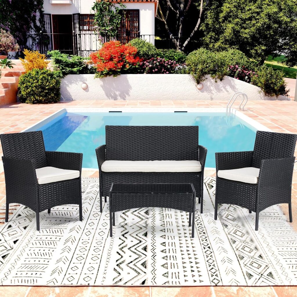 Outdoor Patio Furniture Set, 4 Piece Outdoor Rattan Chair Garden PE Wicker Sofa Couch Conversation Set Backyard Balcony Porch Poolside Loveseat with Soft Cushion and Glass Table, Black