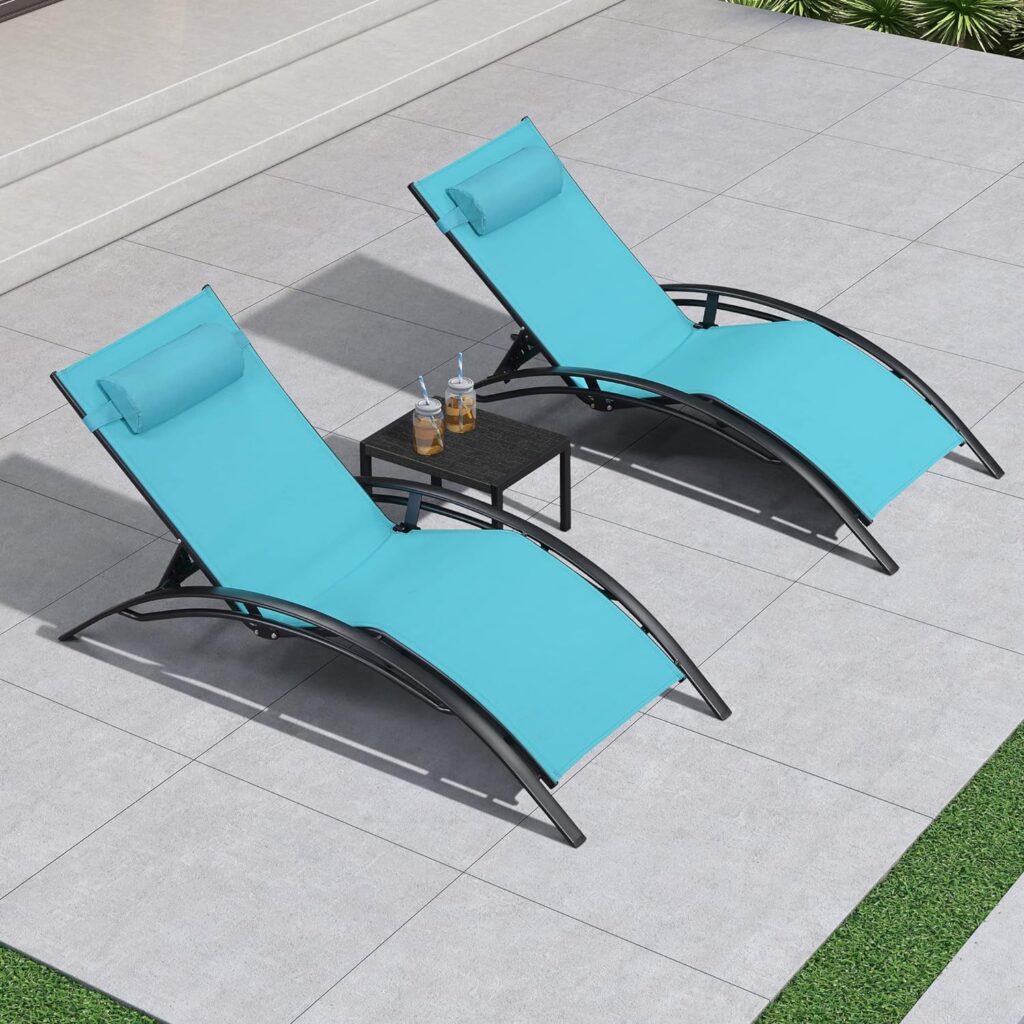 PURPLE LEAF Patio Chaise Lounge Set of 3 Outdoor Lounge Chair Beach Pool Sunbathing Lawn Lounger Recliner Chiar Outside Tanning Chairs with Arm for All Weather, Side Table Included, Grey