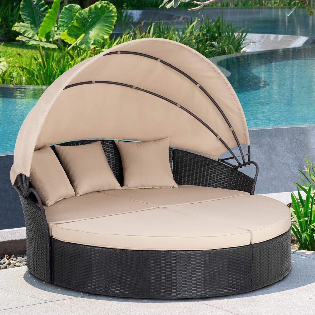 Shintenchi Outdoor Patio Furniture Outdoor Round Daybed with Retractable Canopy, Black Wicker Furniture Sectional Couch with Washable Separates Cushions Seating for Patio, Backyard, Poolside