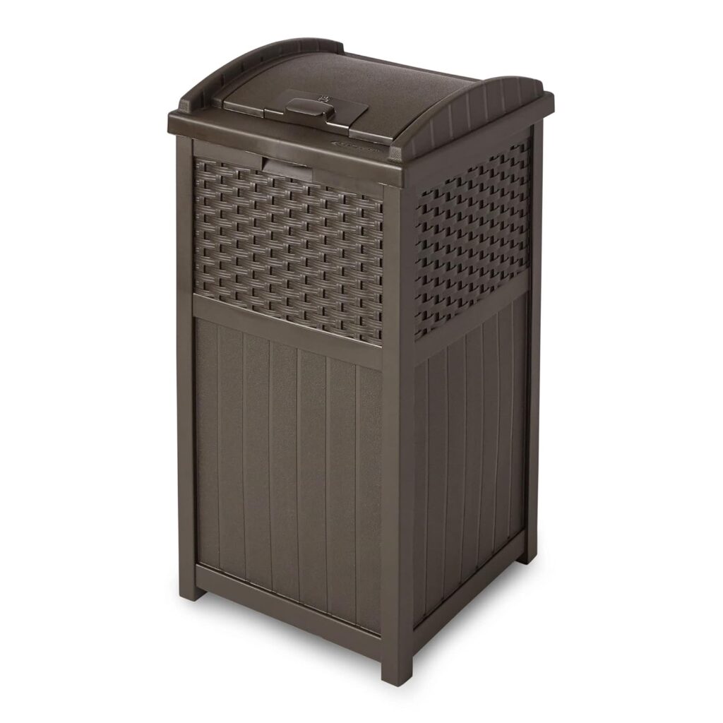 Suncast 33 Gallon Commercial Outdoor Trashcan Hideaway with Lid for 30 to 33 Gallon Trash Bags for Garage, Backyard, or Garden, Brown