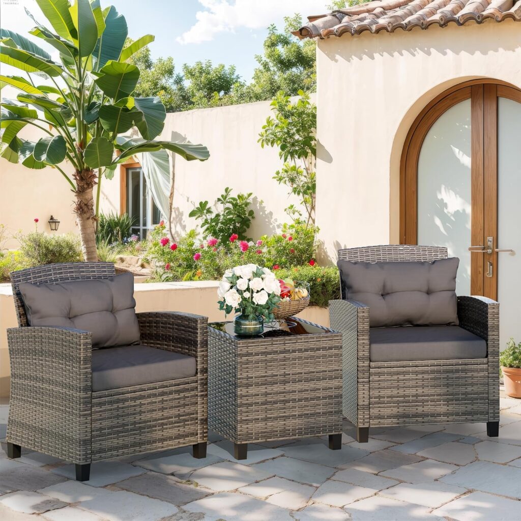 Vongrasig 3 Piece Patio Furniture Set Small Outdoor Wicker Rattan Front Porch Bistro Set Cushioned Patio Chairs Conversation Set with Glass Table for Lawn, Garden, Backyard, Balcony, Poolside (Blue)