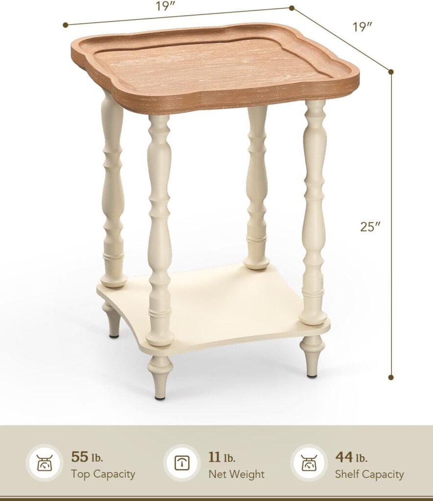 VONLUCE French Country End Table, 19 Round Farmhouse Side Table, Distressed Wood Tray Top Rustic Accent Table for Living Room Bedroom, Small Space, Beige