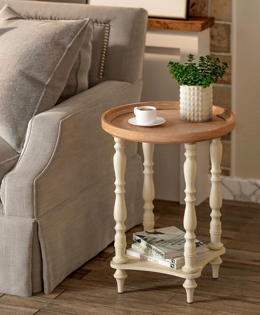 VONLUCE French Country End Table, 19 Round Farmhouse Side Table, Distressed Wood Tray Top Rustic Accent Table for Living Room Bedroom, Small Space, Beige