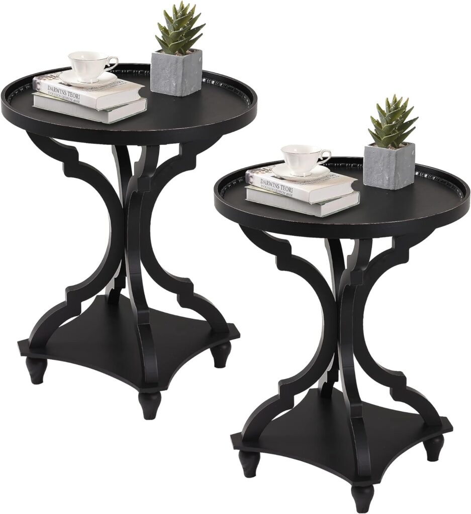 Wnutrees Farmhouse Round Accent End Table, Rustic Side Table Nightstands for Living Room Bedroom, Wood Tray Top, Handcrafted Finish, Set of 2, Black