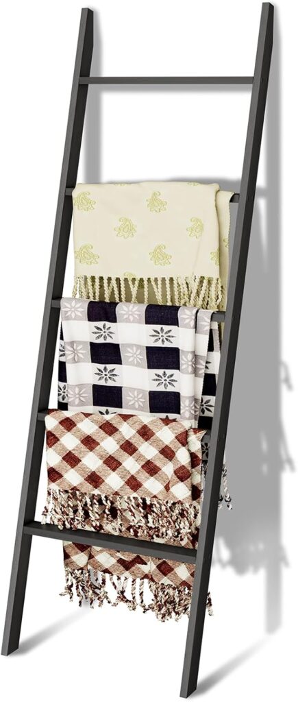 6-Tier Blanket Ladder Wooden, 5.7FT(66.5) Blanket Quilt Towel Holder Rack Decorative Ladder, Easy Assembly, Rustic Farmhouse Ladder Shelf for The Living Room Bedroom Bathroom Home Decor, Brown