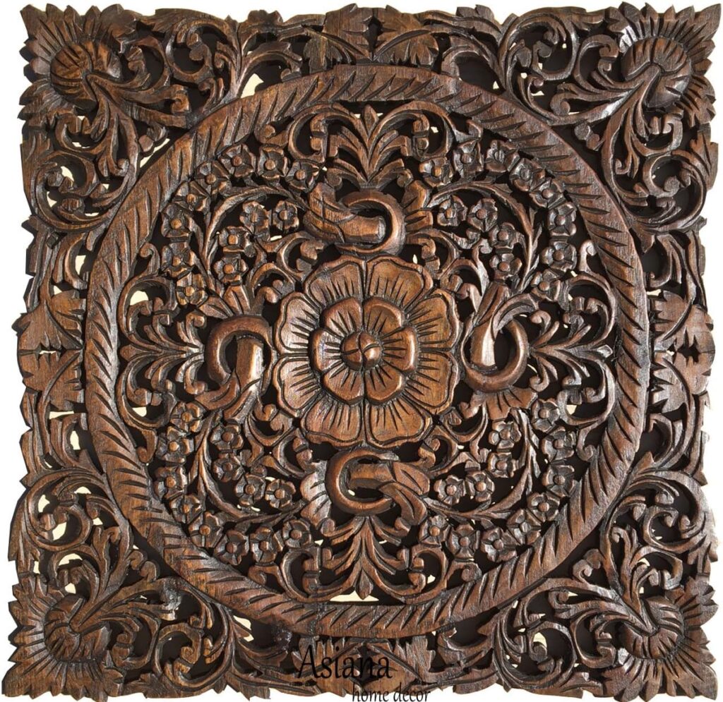 Asiana Home Decor Carved Wood Wall Art- Oriental Carved Lotus Wood Plaque 24x24x0.5 (Dark Brown)