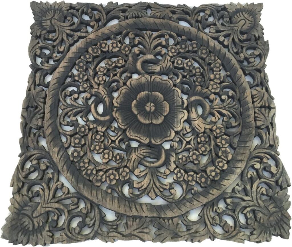 Asiana Home Decor Carved Wood Wall Art- Oriental Carved Lotus Wood Plaque 24x24x0.5 (Dark Brown)