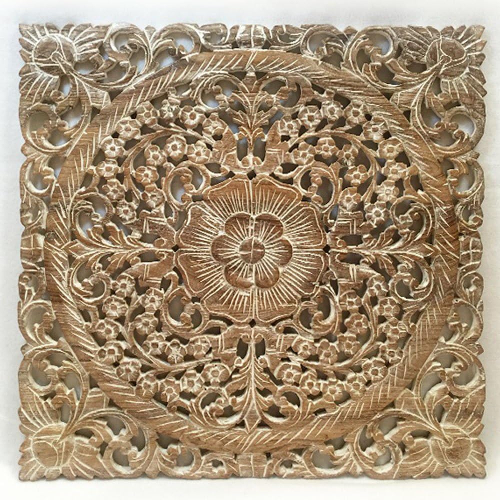 Asiana Home Decor Carved Wood Wall Art- Oriental Carved Lotus Wood Plaque 24x24x0.5 (Dark Brown)