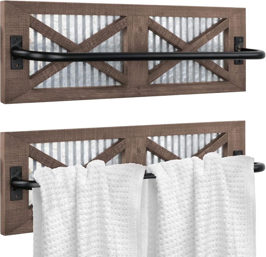 Autumn Alley Farmhouse Rustic Towel Rack Holder - Wood Towel Rack - Farmhouse Towel Holder for Rustic Bathroom and Farmhouse Kitchen Style Décor - 18 Wall Mounted, Set of 2, Rustic Brown