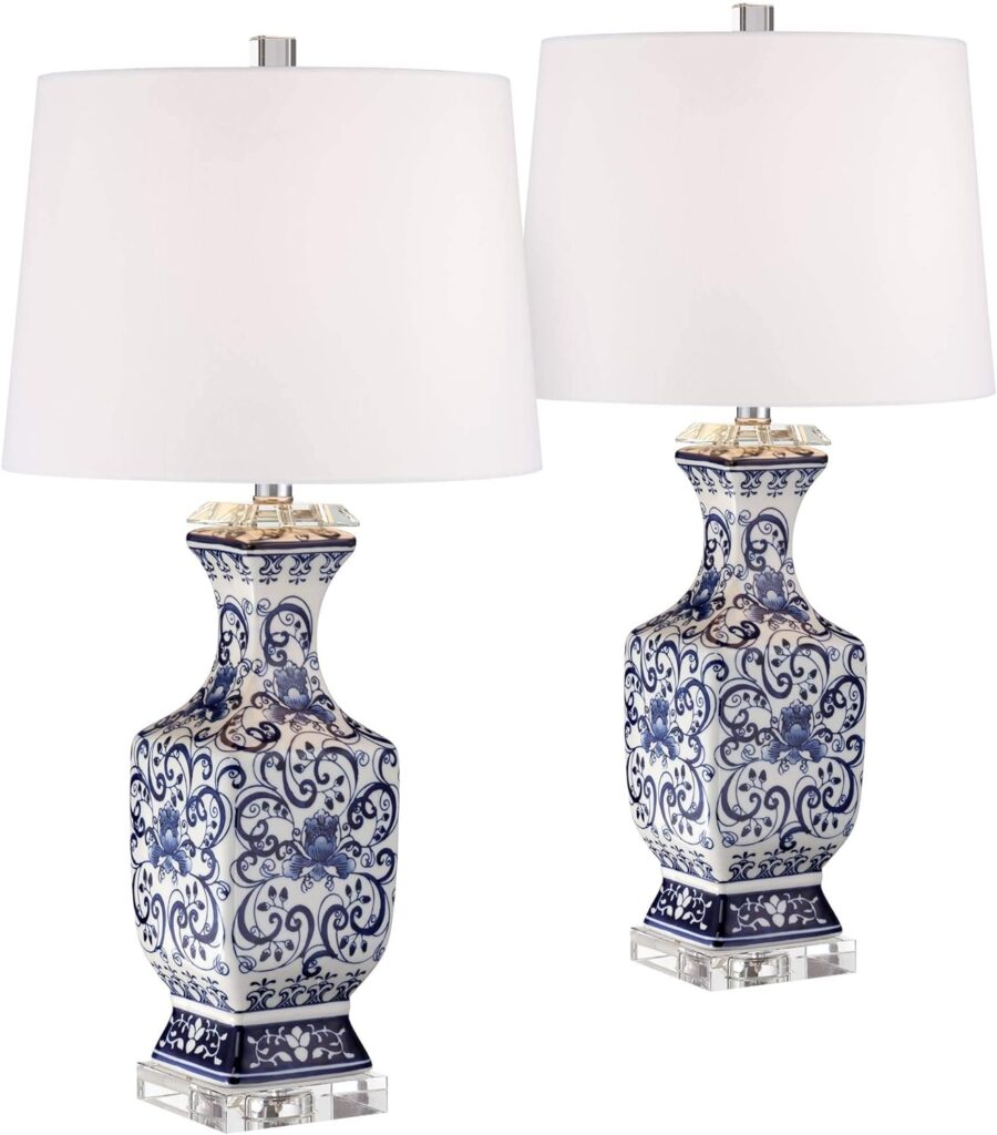 Barnes and Ivy Iris Vintage Asian Chinese Style Table Lamp 28 Tall Porcelain Blue Floral Jar Geneva White Drum Shade Decor for Living Room Bedroom House Bedside Nightstand Home Office Reading