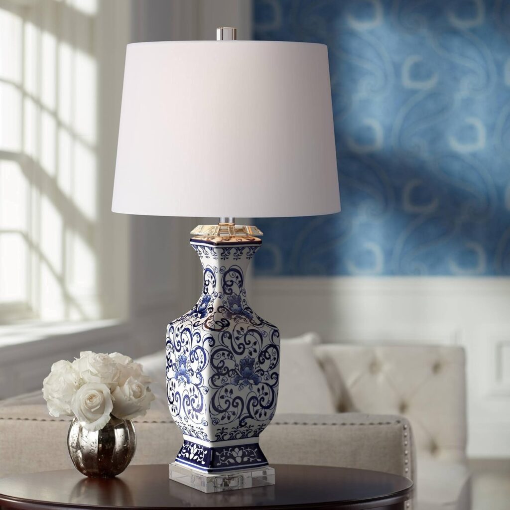 Barnes and Ivy Iris Vintage Asian Chinese Style Table Lamp 28 Tall Porcelain Blue Floral Jar Geneva White Drum Shade Decor for Living Room Bedroom House Bedside Nightstand Home Office Reading