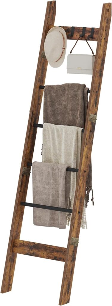 Blanket Ladder Shelf for Living Room, Decorative Wood Quilt Rack with 4 Removable Hooks, 6-Tier Farmhouse Ladder Holder Organizer for Bedroom, Rustic Brown and Black BR31501B