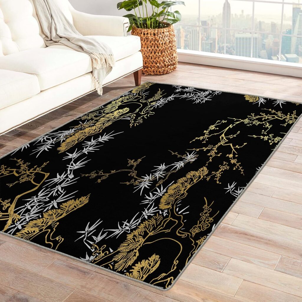 Chinese Japanese Rug, 5x7 Rug, Leaf Floral Area Rugs for Bedroom Living Room, Asian Style Patterned Large Rug, Washable  Non Slip Indoor Floor Carpet Home Decor