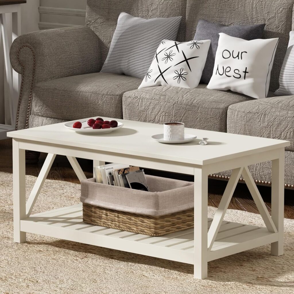 ChooChoo Farmhouse Coffee Table, Rustic Vintage Living Room Table with Shelf, 40 White