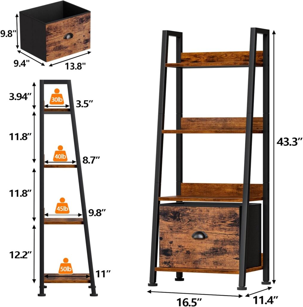 Furologee 4-Tier Ladder Shelf, Ladder Bookshelf with Removable Drawer, Rustic Bookcase Storage Rack Organizer, Wood Metal Freestanding Storage Shelves for Living Room, Home Office, Bedroom, Kitchen