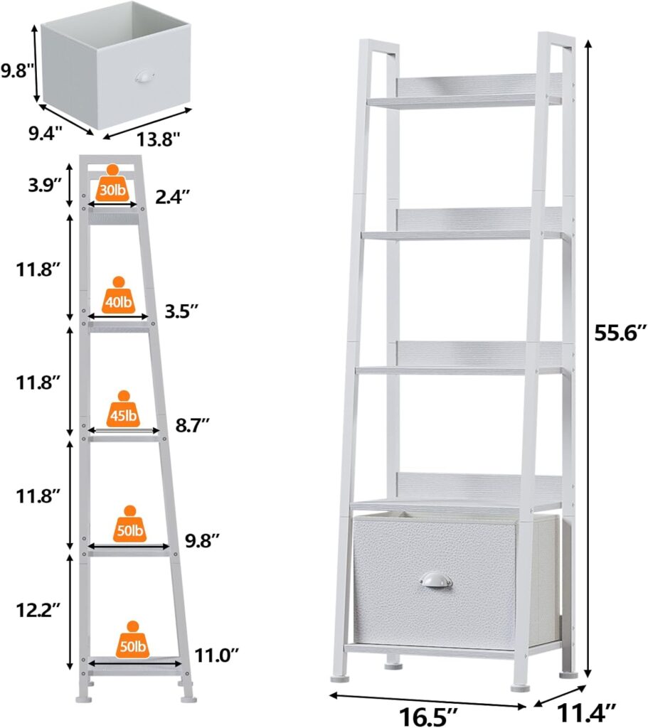 Furologee 4-Tier Ladder Shelf, Ladder Bookshelf with Removable Drawer, Rustic Bookcase Storage Rack Organizer, Wood Metal Freestanding Storage Shelves for Living Room, Home Office, Bedroom, Kitchen