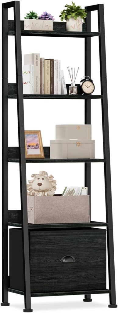 Furologee 4-Tier Ladder Shelf, Ladder Bookshelf with Removable Drawer, Rustic Bookcase Storage Rack Organizer, Wood Metal Freestanding Storage Shelves for Living Room, Home Office, Bedroom, Kitchen