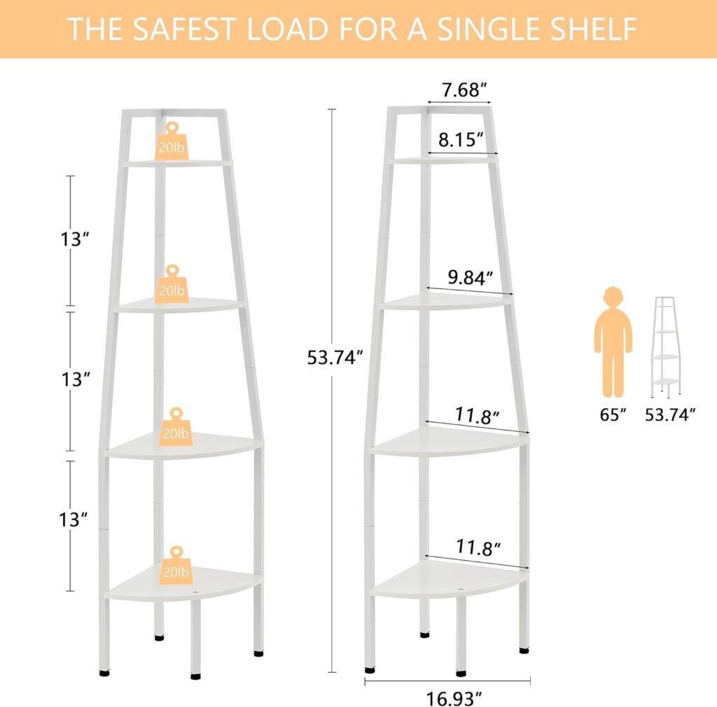 Hoctieon Corner Shelf, Industrial 4-Tier Corner Bookshelf, Rustic Corner Ladder Shelf, Corner Bookcase for Small Spaces, Bedroom, Living Room, Home Office, Kitchen, Balcony, Rustic Brown