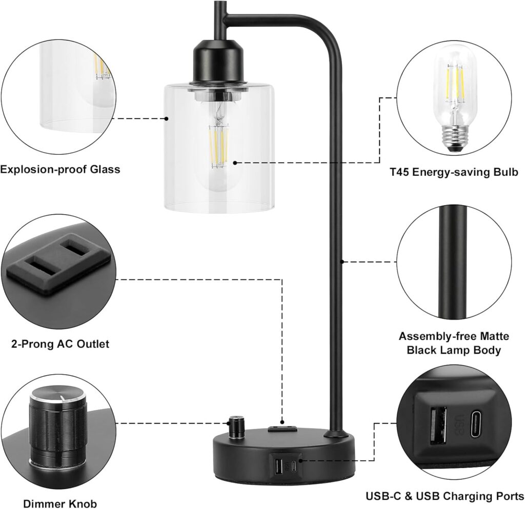 Industrial Table Lamps for Bedrooms Set of 2 - Fully Dimmable Bedside Lamps with USB A and C Ports and Outlet, Black Nightstand Lamps with Glass Shade for Living Room, Desk Lamps for Office Reading