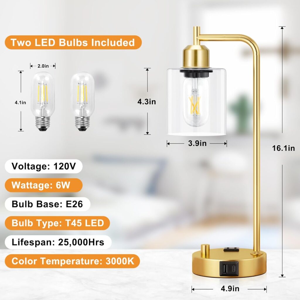 Industrial Table Lamps for Bedrooms Set of 2 - Fully Dimmable Bedside Lamps with USB A and C Ports and Outlet, Black Nightstand Lamps with Glass Shade for Living Room, Desk Lamps for Office Reading