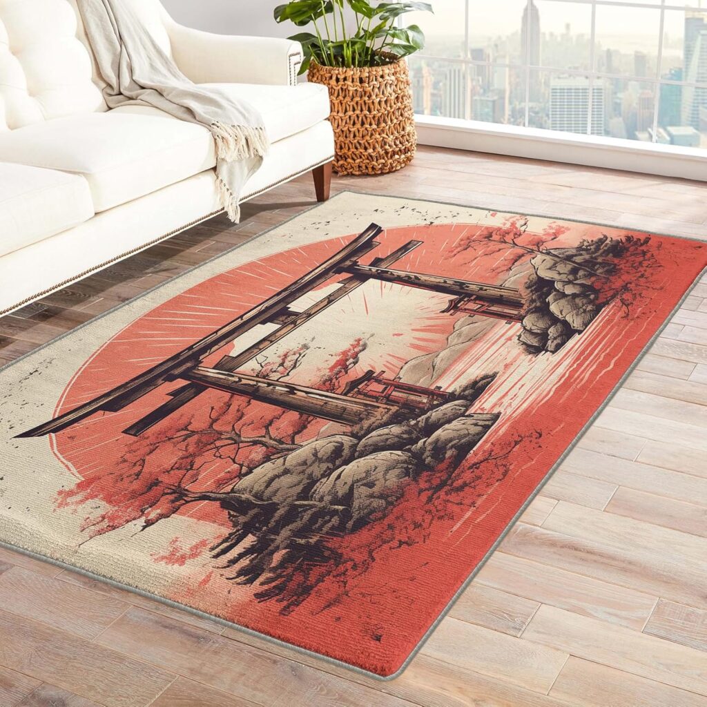 Japanese Rug  Home Decor - 5x8 Rug, Japan Torii Rugs for Living Room Bedroom, Asian Style Carpet, Washable Non Slip Soft Low Pile Indoor Area Rug  Room Decor