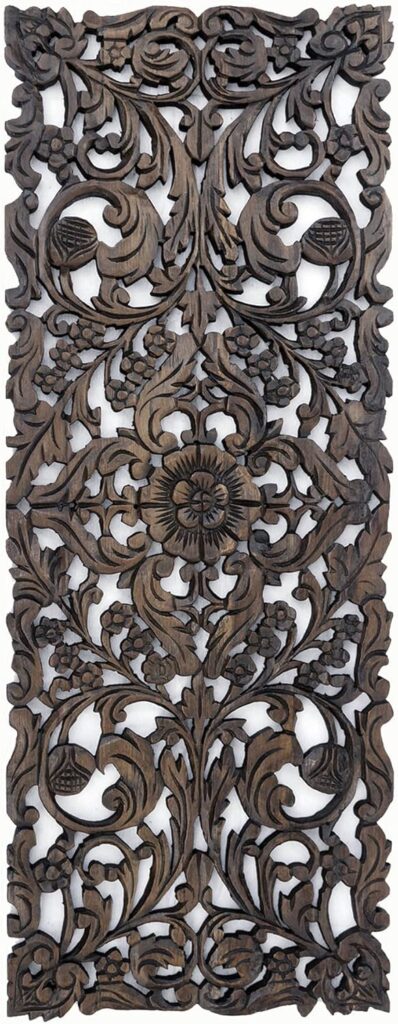 Large Carved Wood Floral Wall Panel. Tropical Asian Home Decor in Dark Brown Finish, Size 35.5x13.5