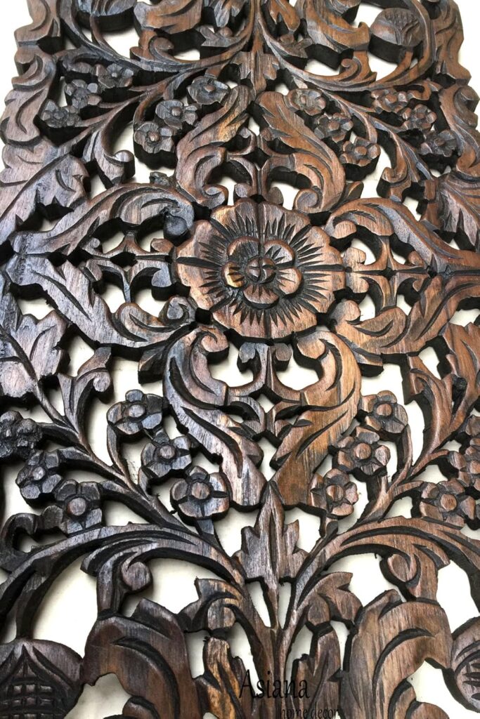 Large Carved Wood Floral Wall Panel. Tropical Asian Home Decor in Dark Brown Finish, Size 35.5x13.5