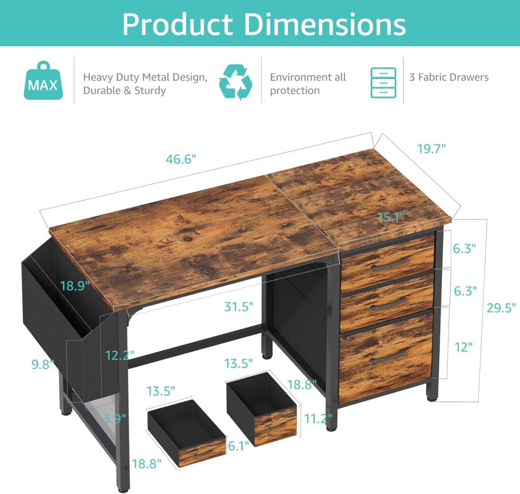 Lufeiya Computer Desk with Fabric File Drawers Cabinet, 47 Inch Home Office Desks with Filing Cabinet for Small Space, Study Writing Table PC Desks, Rustic Brown