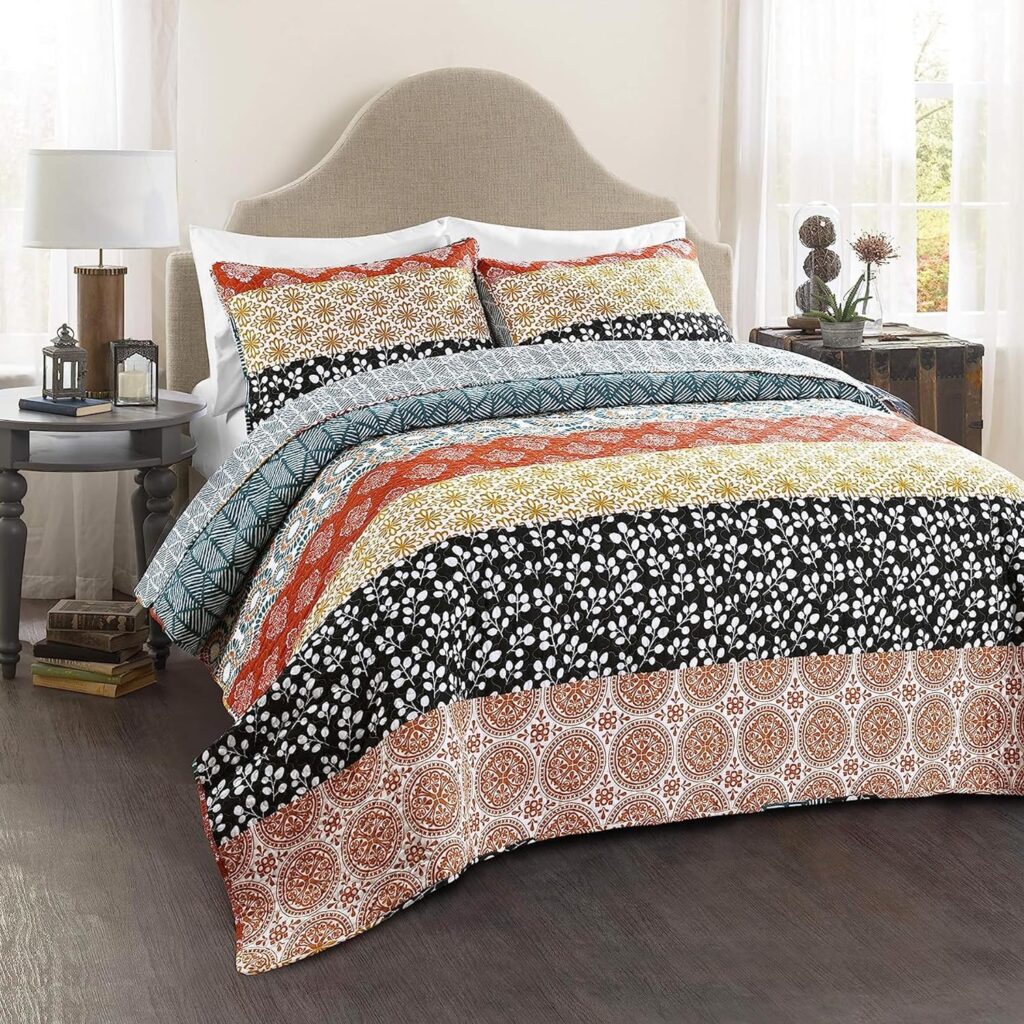 Lush Decor Bohemian Stripe Reversible Cotton Quilt Set, 3 Piece Set, King, Turquoise  Orange - Boho Bedding Set - Bold  Colorful - Striped Quilt - Maximalist  Boho Bedroom Decor