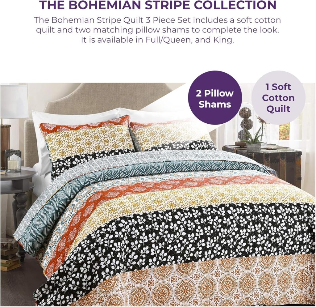 Lush Decor Bohemian Stripe Reversible Cotton Quilt Set, 3 Piece Set, King, Turquoise  Orange - Boho Bedding Set - Bold  Colorful - Striped Quilt - Maximalist  Boho Bedroom Decor