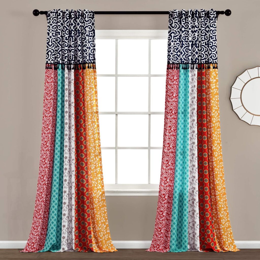 Lush Decor Boho Patch Window Curtain Panel Pair, 84 L x 45 W, Orange/Navy