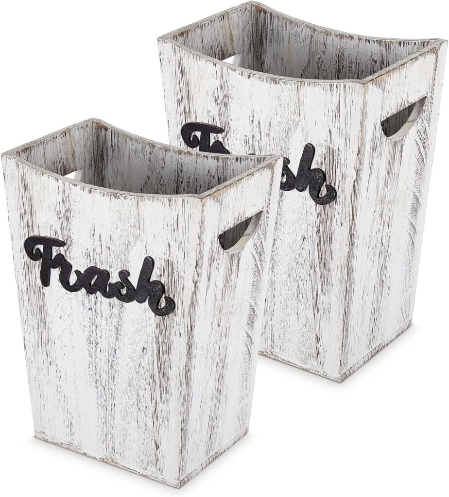 Maxcheck 2 Pcs Farmhouse Bathroom Wood Trash Can, 2 Sizes (3.35/2 Gallons) Rustic Square Wastebasket Bin with Convenient Handle for Bathroom, Kitchen, Bedroom, Office(White)