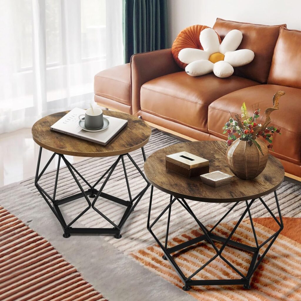 Small Round Coffee Table Set of 2,Modern Coffee Table with Metal Frame, Coffee and End Table Sets for Living Room, Bedroom, Home Office, Farmhouse, Rustic Brown and Black