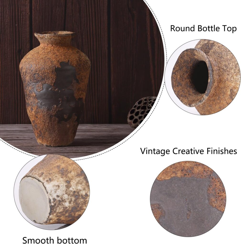 Small Stone Vase for Rustic Home Decor, Farmhouse Antique Pottery Vase FurnitureTable Flower Decorative, Round Terracotta Vase for Living Room Decor, Modern Rustic Concrete Clay Art Vases